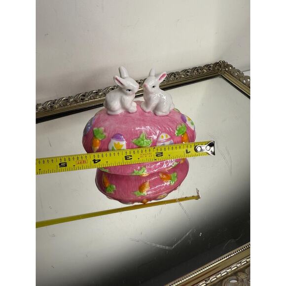 Vintage Trinket Box Pink Easter Egg Shaped Bunny Rabbits Top 4" Tall Ceramic - Picture 6 of 10